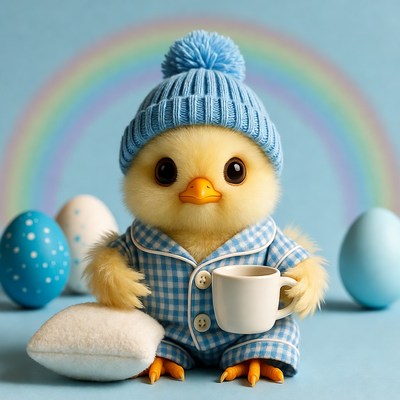 Cute chick in blue pajamas with cup