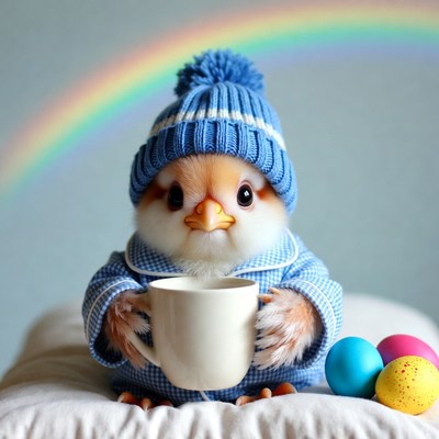 Cute chick in pajamas with cup