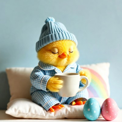 Chick in pajamas with cup