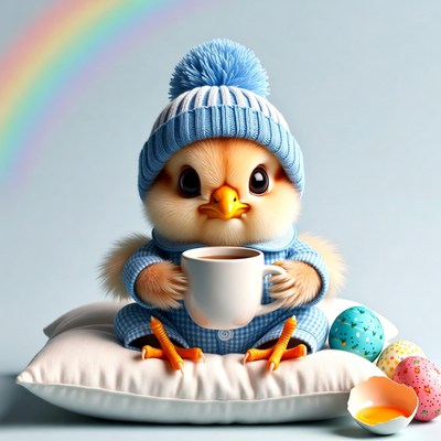 Cute chick enjoying a warm drink