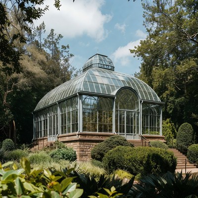 Glass greenhouse in lush garden