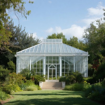Glass greenhouse in a garden landscape