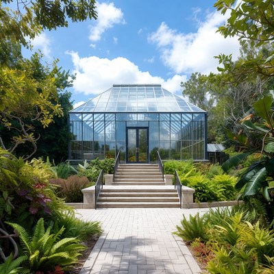 Greenhouse with steps and plants