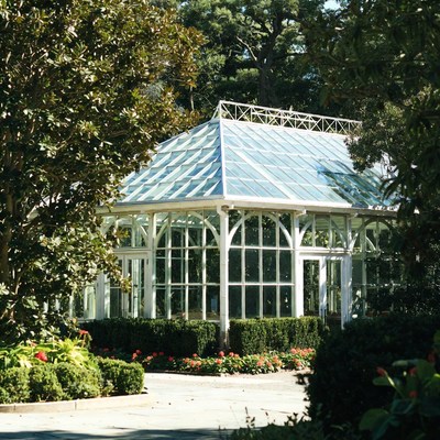 Glass house in garden setting