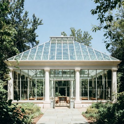 Glasshouse in a garden setting