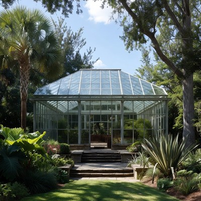Glass greenhouse in a garden setting