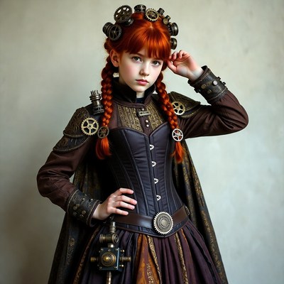 Young girl in steampunk outfit poses