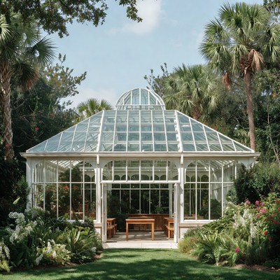 Large glass greenhouse in garden setting