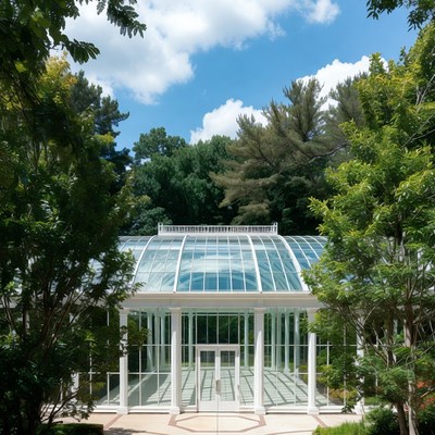 Glass structure in garden setting