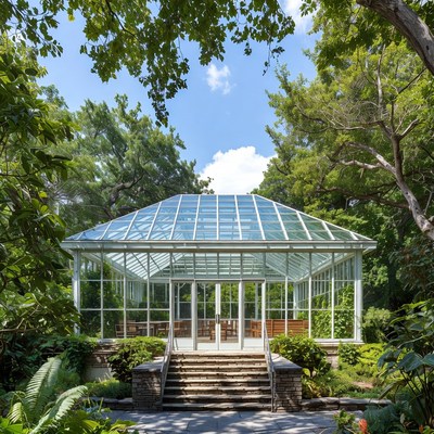 Bright greenhouse in a lush garden setting
