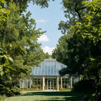 Glass house in a garden setting