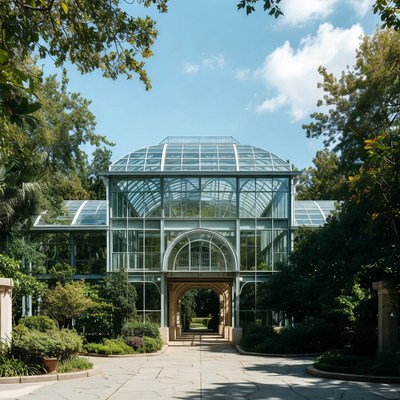 Glasshouse in city park seen on sunny day
