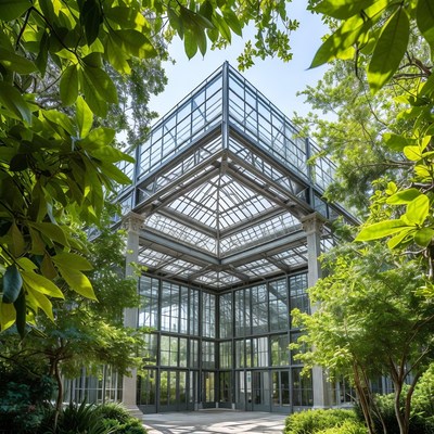 Glass house in garden setting