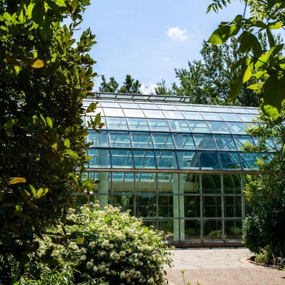 Glass house in a garden setting