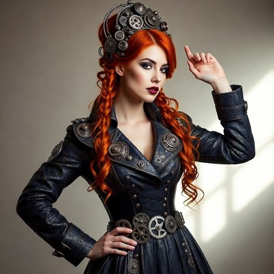 Woman in steampunk outfit poses confidently