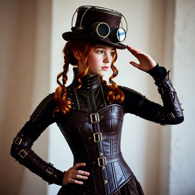 Steampunk fashion model poses indoors