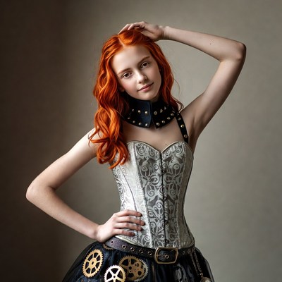 Girl in steampunk outfit posing indoors