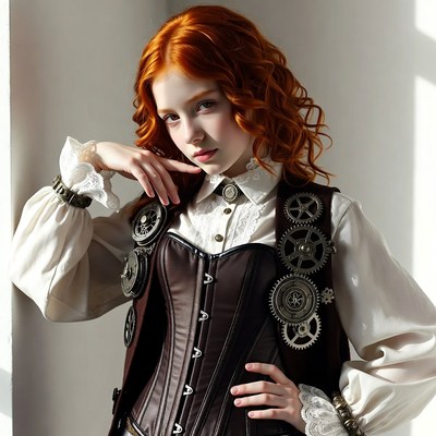 Girl in steampunk outfit poses indoors