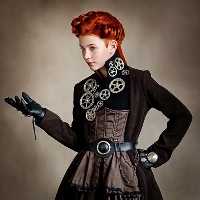 Young person in steampunk outfit poses