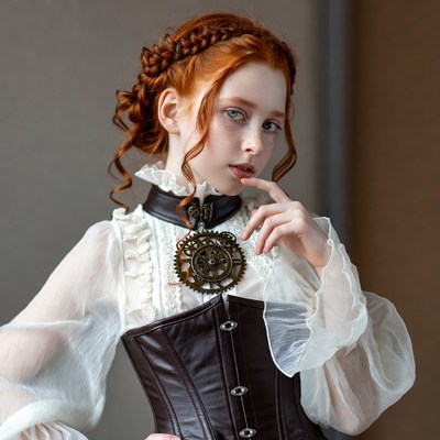 Woman in vintage outfit posing indoors