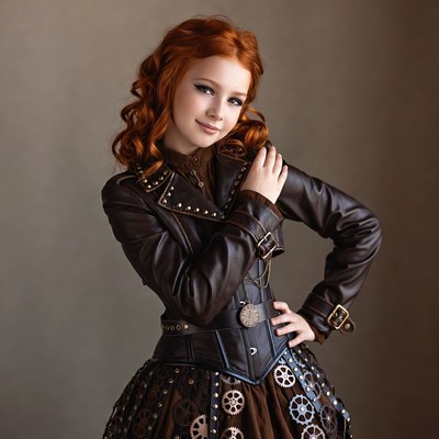 Young girl in steampunk outfit poses indoors
