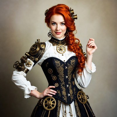 Woman in steampunk outfit poses confidently