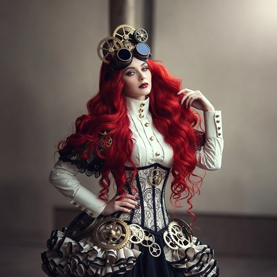 Steampunk model in a studio setting