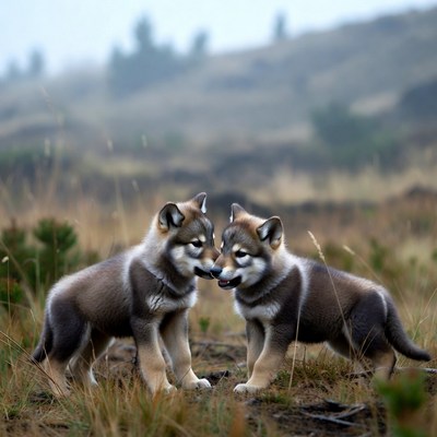 Two young wolves playing in the field