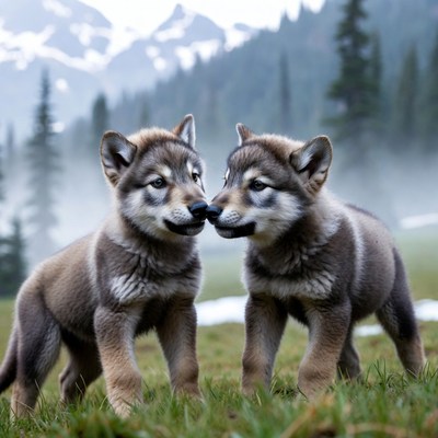 Two wolf puppies playing in a field