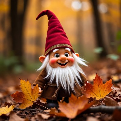Gnome in autumn forest setting