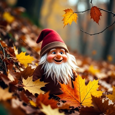 Smiling gnome among autumn leaves