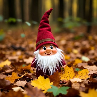 Gnome standing among autumn leaves
