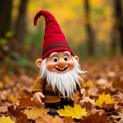 Gnome walking through autumn leaves