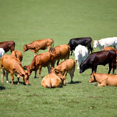 Cows grazing in a green field