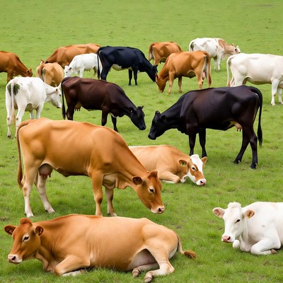 Cows grazing in green pasture field
