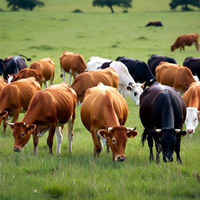 Cows grazing in a green field