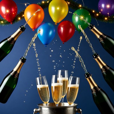 Bottles pouring champagne for celebration