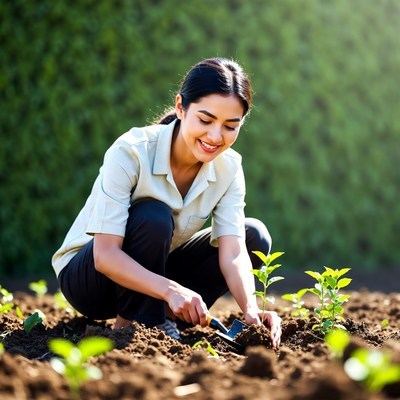 Woman planting seeds in garden soil