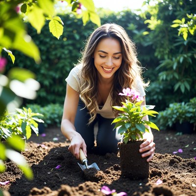 Woman planting flowers in garden