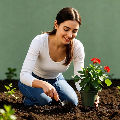 Woman planting flowers in garden