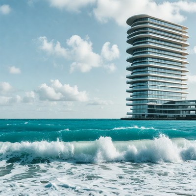 Modern building near ocean waves