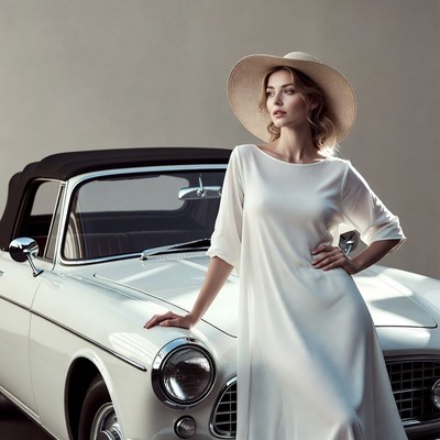Model poses with classic car