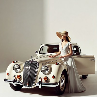 Woman beside classic car