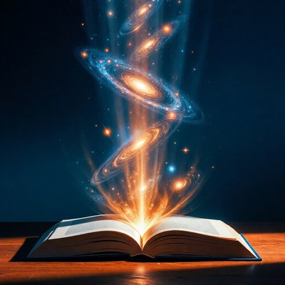 Book opens to a cosmic scene