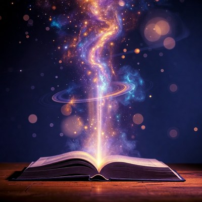 Book with swirling cosmic energy