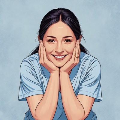 Smiling woman in blue shirt