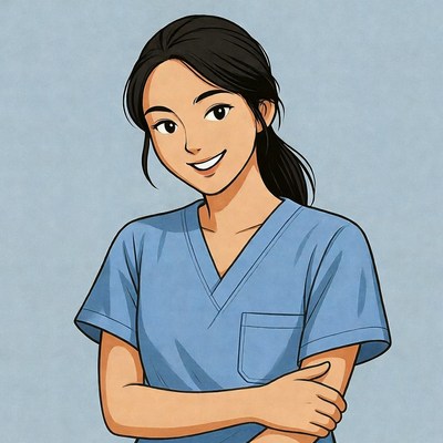 Smiling woman in blue scrubs