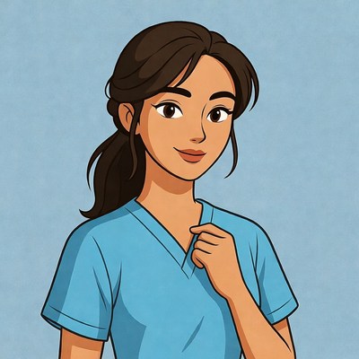 Nurse smiling in blue scrubs