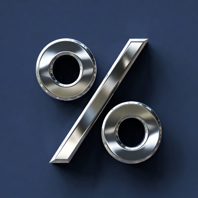 Metallic percentage symbol on blue background