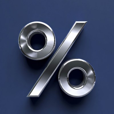 Metallic percentage symbol on blue background